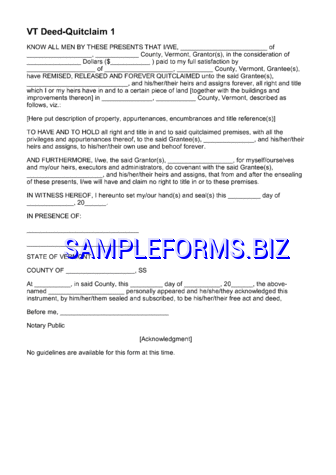 Vermont Quitclaim Deed Form 2 pdf free